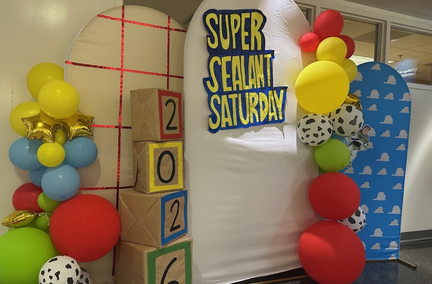 A "Toy Story" themed display stands ready for the Super Sealant Saturday dental health event on Feb. 7, 2026, at the University of Florida College of Dentistry.