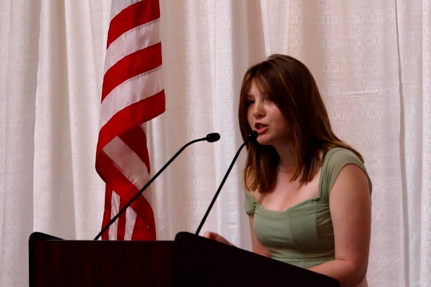 Elena Krueper, co-president of Advocates for Science at IU, speaks at a Confront the Climate Crisis event on March 17 at the Indiana Statehouse.
