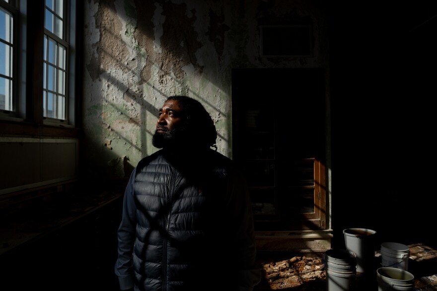 Anthony Graphenreed, St. Louis Public Schools Director of Facilities, stands in a damaged workshop at Sumner High School on Wednesday, Nov. 5, 2025, in north St. Louis.