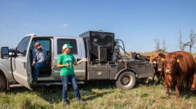Benji and Lori White in a pasture at their ranch near Putnam, Okla.