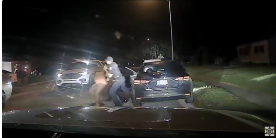 Fort Wayne Police Officer Mason Wills and Tyjana Smith struggle during a traffic stop on Monday, Aug. 5.