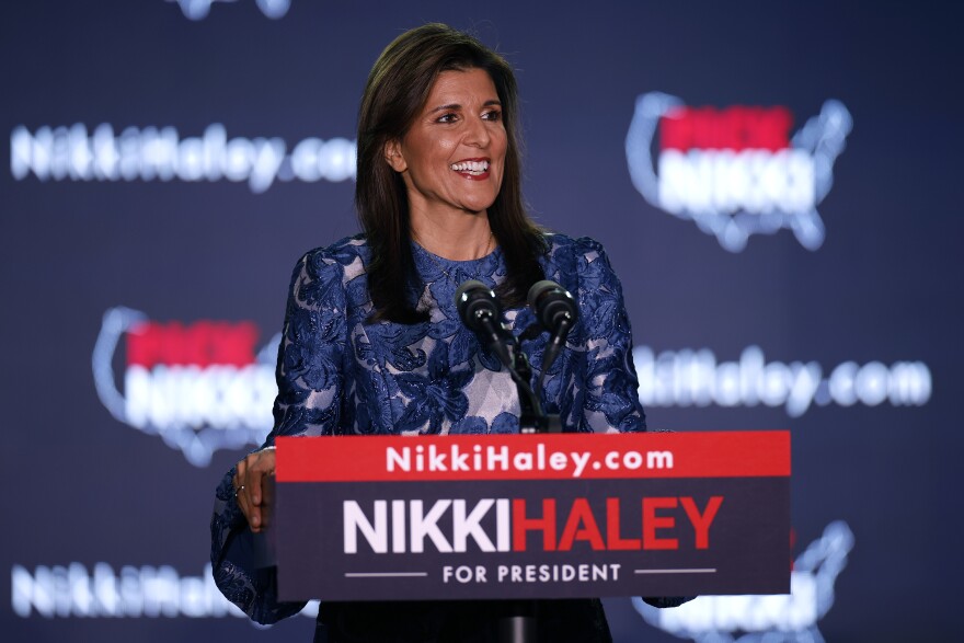 Republican presidential candidate former U.N. Ambassador Nikki Haley delivers remarks at her primary night rally at the Grappone Conference Center on Jan. 23, 2024 in Concord, N.H.