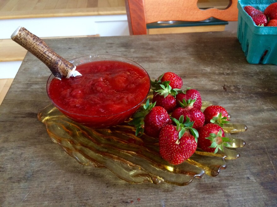 The strawberry rhubarb sauce will keep covered and refrigerated for a few days. (Kathy Gunst for Here & Now)