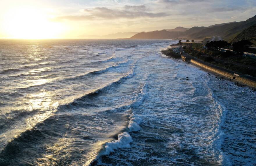 In an aerial view, the Pacific Ocean and coastline are seen on April 19, 2022 in Ventura, California. Sea levels along coastlines in the U.S. will rise up to one foot by the year 2050, according to the National Oceanic and Atmospheric Administration (NOAA). The two main causes for sea level rise are ocean water expansion as it warms and the melting of glaciers and ice sheets. Earth Day is April 22. (Mario Tama/Getty Images)