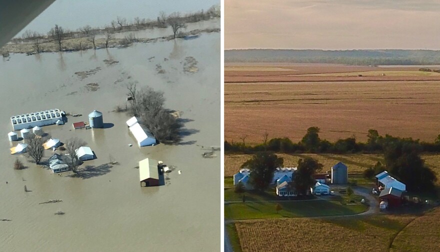 A farm owned by Richard Oswald in Rock Port, Missouri, shown before and during flooding in 2019. The flood waters swamped the farmer’s childhood home and destroyed 26,000 bushels of his corn.