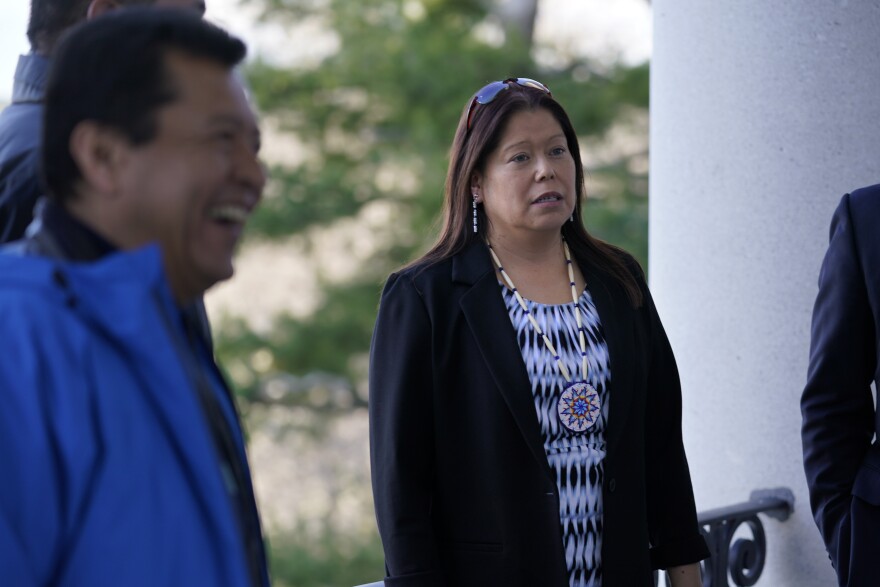 Chief Maggie Dana of the Passamaquoddy Tribe at Pleasant Point, right, at the State House in Augusta, Maine, on Tuesday, April 12, 2022.