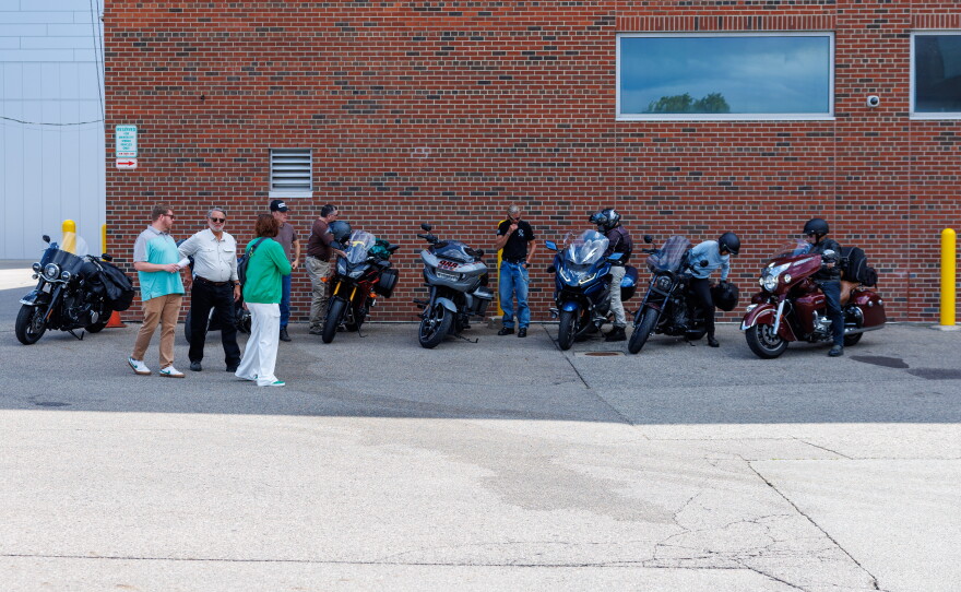 U.S. Sen. Gary Peters visits the Facility for Rare Isotope Beams at Michigan State University in East Lansing, Mich., on Aug. 28, 2026. The visit was the last stop on his final motorcycle tour of Michigan as senator.