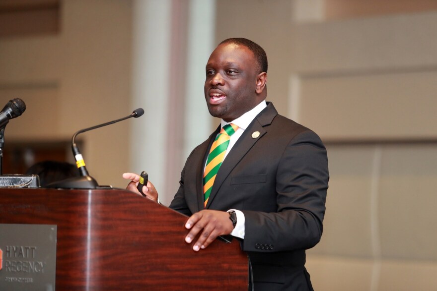 Kortne Gosha was introduced as the new VP and director of FAMU Athletics in this November 2019 photo taken at the Hyatt Regency Grand Cypress Hotel in Orlando, Fla. He attended the Future of FAMU Athletics Fundraising Breakfast, hosted by the FAMU National Alumni Association, with Florida A&M University's President Larry Robinson.