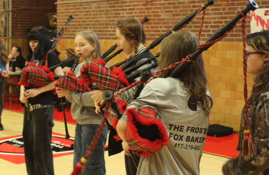 Central High School Kilties bagpipers at a practice on April 10, 2026.