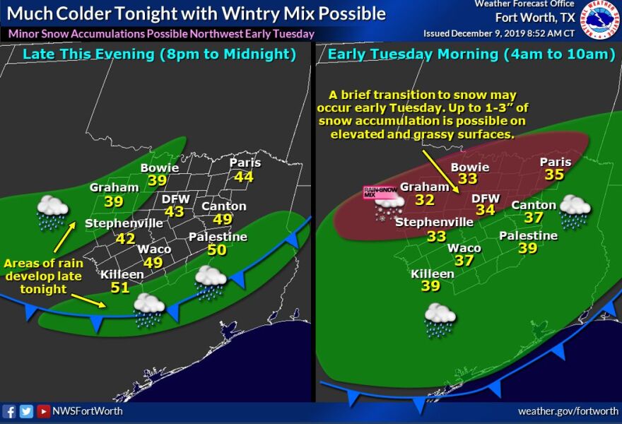 A strong cold front will move through North Texas today with temperatures continuing to fall through the late evening hours. Areas of rain are expected to develop overnight with a brief transition to snow expected in some areas by early Tuesday morning.