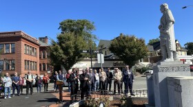 Italian Americans listen as the Italian National Anthem is played in Springfield, Massachusetts, on October 9, 2023.