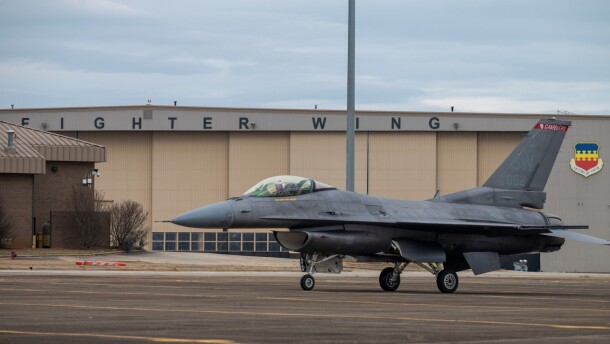 U.S. Air Force Maj. Taylor “FEMA” Hiester, F-16 Viper Demonstration Team commander and pilot, taxis after completing a certification flight at Shaw Air Force Base, South Carolina, Jan. 22, 2026. Hiester undergoes rigorous training to maintain the ability to perform the demonstration aerial maneuvers and must receive certification by the commander of Air Combat Command prior to beginning the 2026 air show season. (U.S. Air Force photo by Senior Airman Erin Dunkleberger)
