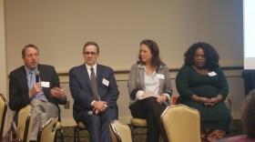 The IU Kelley School of Business 2022 economic outlook panel (left to right) Indiana University economists Kyle Anderson, Russell Rhoads and Jennifer Rice and Indy Black Chamber of Commerce board chair Anita Williams present Thursday in Indianapolis.