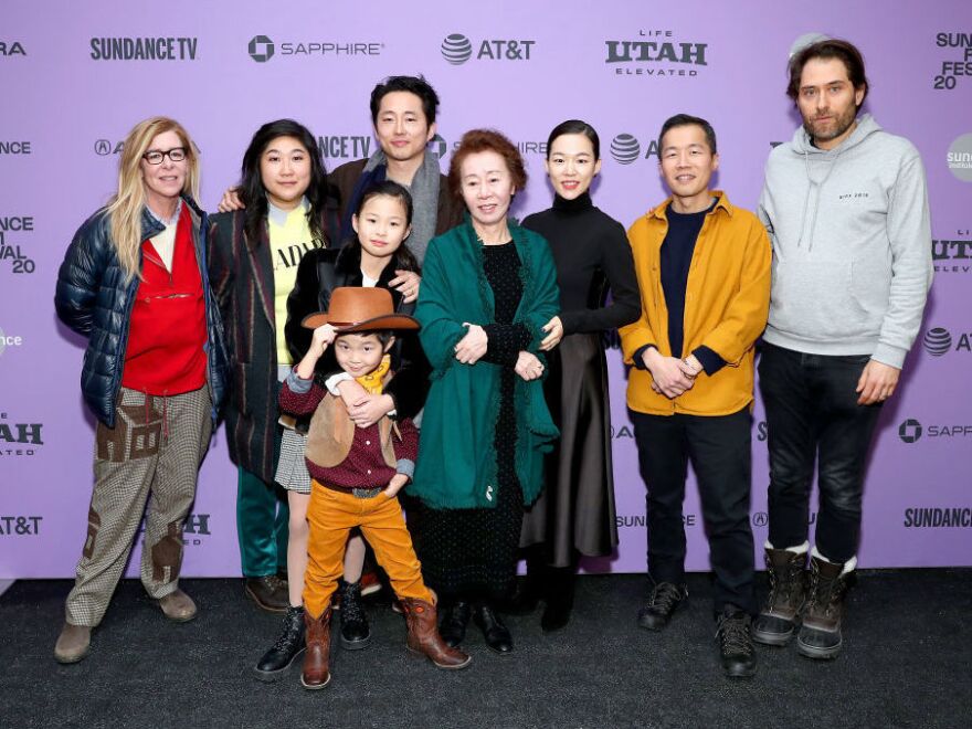 The cast and crew of <em>Minari</em> attends the 2020 Sundance Film Festival film premeire at Library Center Theater on Jan. 26, 2020 in Park City, Utah. Chung is second from the right.