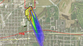 This model estimates water contamination from the Amphenol site (red outline) could have spread farther than the EPA's groundwater study area (yellow). Warmer colors show higher possible levels of the cancer-causing chemical TCE.