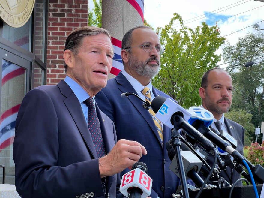 (L-R) U.S. Sen. Richard Blumenthal, Danbury Mayor Roberto Alves, and Danbury state Rep. Farley Santos held a press conference outside Danbury City Hall regarding recent federal immigration enforcement in the city on August 31, 2026.