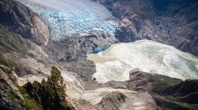 Aerial photo of the landslide that took place in Tracy Arm Fjord on Aug. 10, 2025 showing the highest runup from the resulting tsunami.