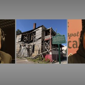 3 images of an older white man wearing headphones in a studio, with a large gap in his upper teeth, an older disheveled house, and a black man with headphones in a studio 