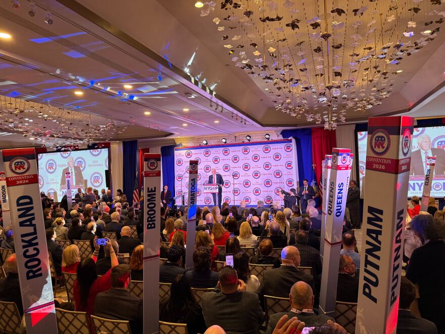 Joseph Hernandez, Republican nominee for New York state comptroller, addresses his party's 2026 convention on Long Island on Tuesday, Feb. 10, 2026.