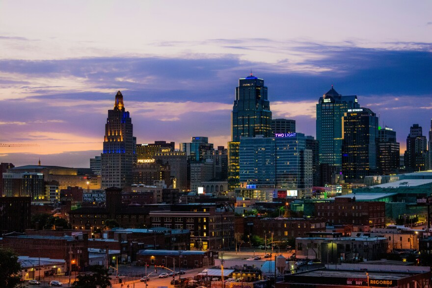 View of downtown Kansas City from the southeast, at sunset.