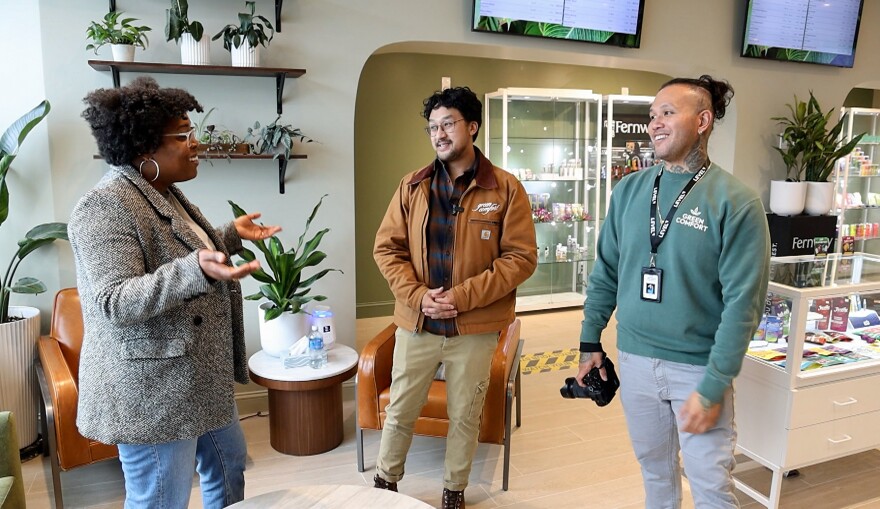 Office of Cannabis Management (OCM) Acting Executive Director Felicia A. B. Reid visits new business owners and cousins Tanavung Tim and Jackie Tim at Green Comfort, the 500th licensed cannabis dispensary in New York State, which opened its doors in Rochester on November 14, 2025.