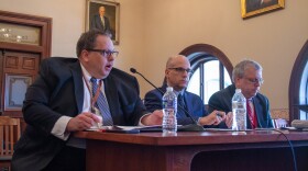 Commission on Government Forecasting and Accountability chief economist Ben Varner (left to right), revenue manager Eric Noggle and executive director Clayton Klenke testify at the commission’s annual revenue update meeting in Springfield Tuesday.