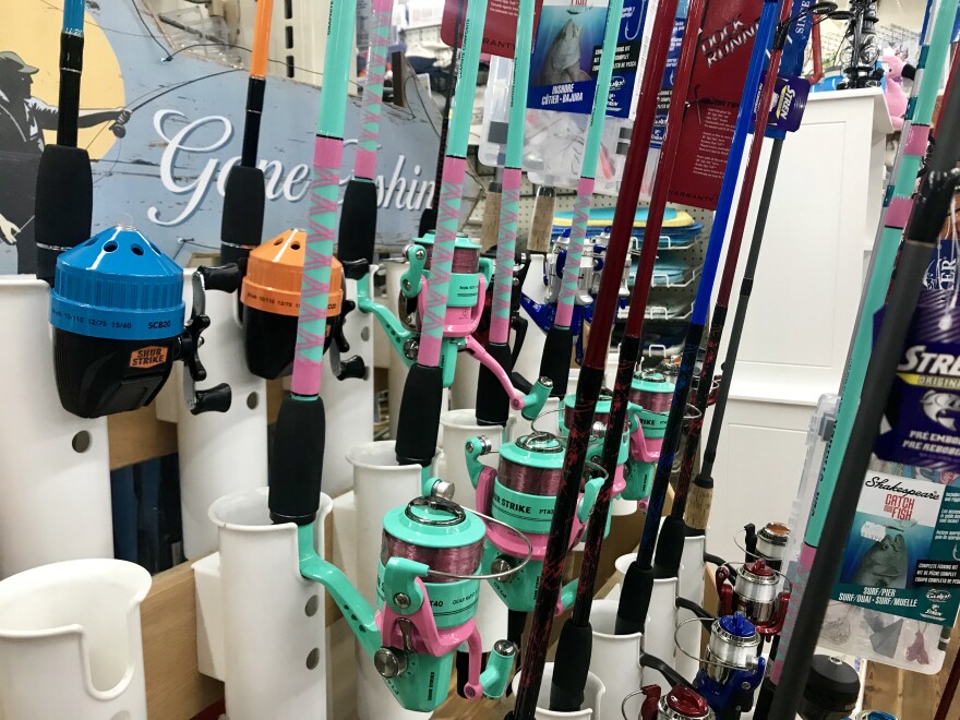 Fishing poles await tourists at Bailey's General Store on Sanibel