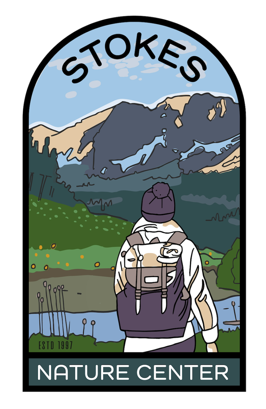 The Stokes Nature Center logo features a backpacker looking out at a lake and mountains.