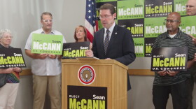 State Senator and 4th district Congressional candidate Sean McCann (center) speaks during a press event at the local offices of the International Brotherhood of Electrical Workers 131 on Friday, August 28, 2026. He was joined by constituents and supporters — as well as IBEW 131 assistant business manager Jonathan Current and former state representative David Maturen, who spoke in his support.