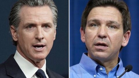 FILE - This combination of photos shows California Gov. Gavin Newsom speaking in Sacramento, Calif., on June 24, 2022, left, and Florida Gov. Ron DeSantis speaking in Sioux Center, Iowa, May 13, 2023, right. 