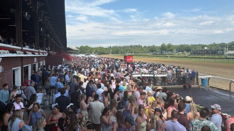 Fans pack in along the rail at Saratoga Race Course on Belmont Stakes Day on Saturday, June 6, 2026.