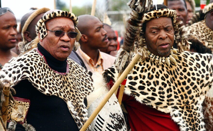 Jacob Zuma (left) — then the president of the African National Congress party, and today the president of South Africa — joins Zulu King Goodwill Zwelithini (right) in 2008 to honor the birth of King Shaka, the founder of the Zulu nation.
