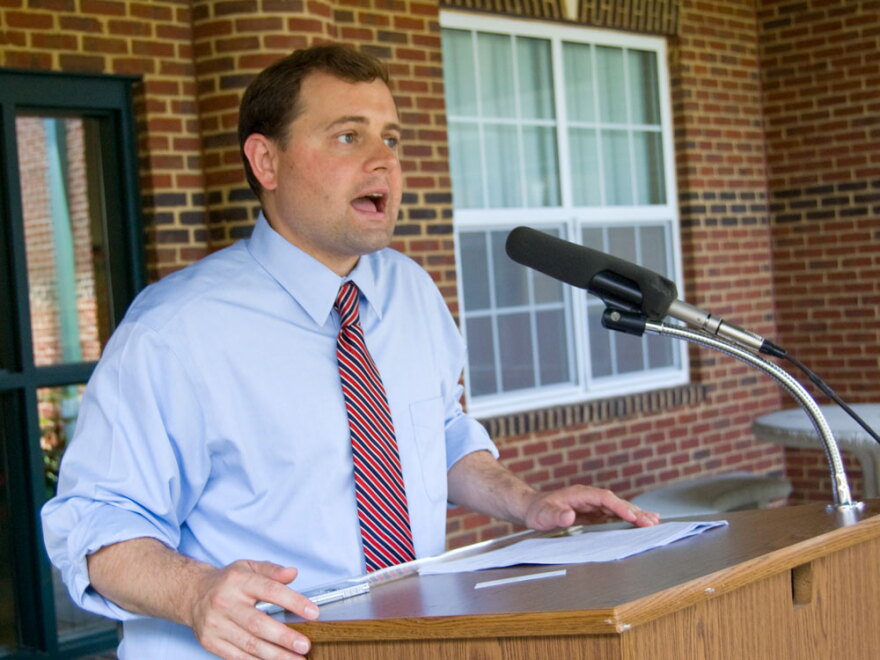 Democratic Rep. Tom Perriello, shown speaking at an elementary school in Rustburg, Va., is being targeted by Republicans after narrowly winning his seat in 2008.