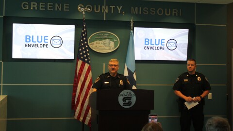 Springfield Police Chief Paul Williams speaks while Captain Jason Fleetwood with the Nixa Police Department waits to speak at a press conference on April 20, 2026.