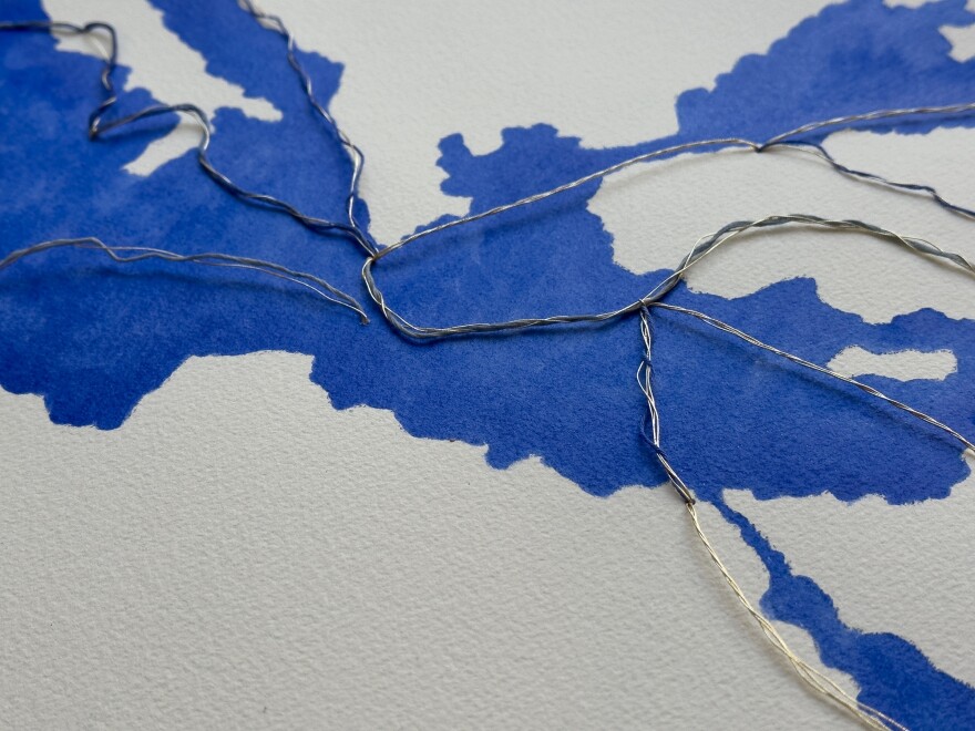 Fernanda Froes, “Lapis Lazuli: Rotas,” 2026. Tempera of ultramarine pigment on paper, with gold threads and threads dyed with ultramarine pigment. 23 x 16 in each, in “Re.Imagination” at Miami’s Fundación Pablo Atchugarry.