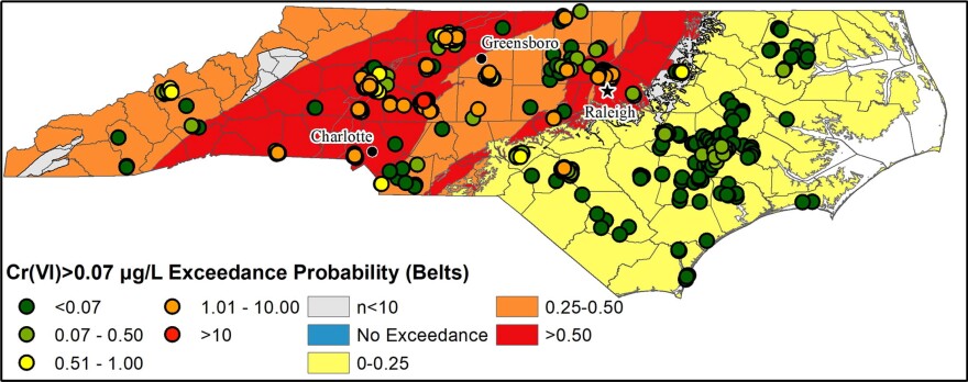 Map shows concentrations of hexavalent chromium in North Carolina, and where concentrations exceed the state standard of 0.07 micrograms per liter. Red areas are where it's likely to be in the highest concentration.