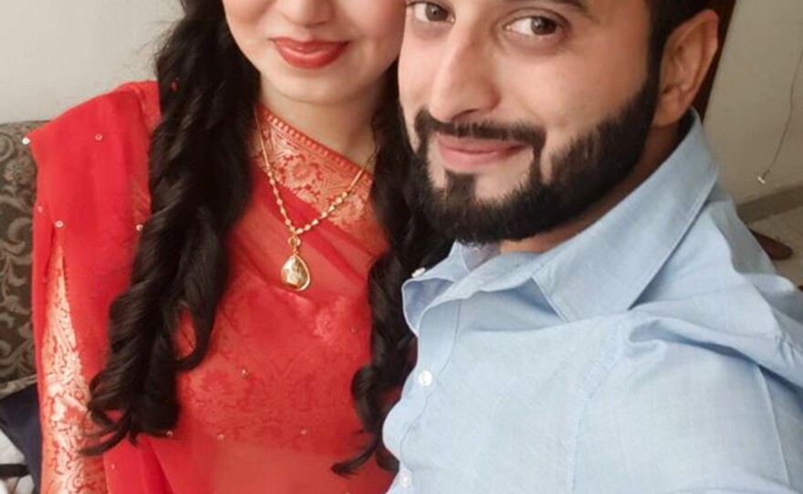 Tushar Mehta and his wife, Riddhi, on Diwali. The couple joined friends for their traditional holiday card games but used a digital version.