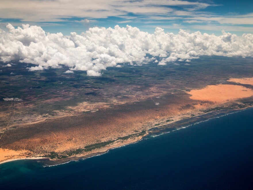 The Somali coast, as seen from an airplane nearing the airport in Mogadishu in 2015.