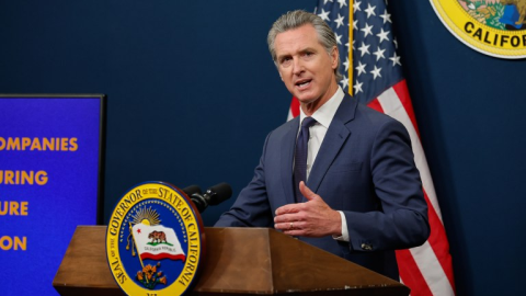 Gov. Gavin Newsom addresses the media as he releases last year's budget revision in Sacramento on May 14, 2025.
