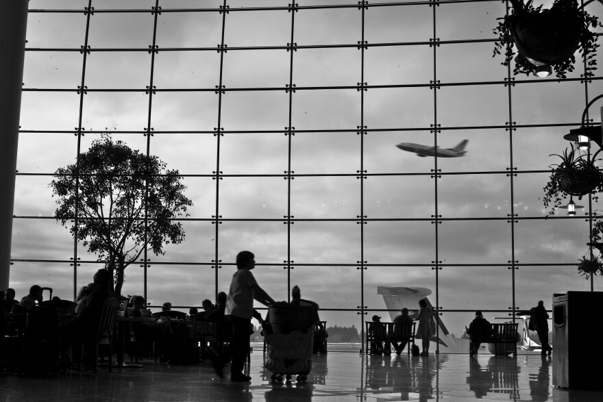 A jet takes off from Sea-Tac airport.