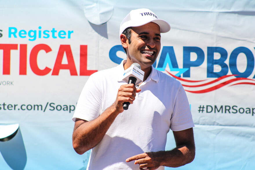 Vivek Ramaswamy speaks Aug. 12 at the Iowa State Fair.