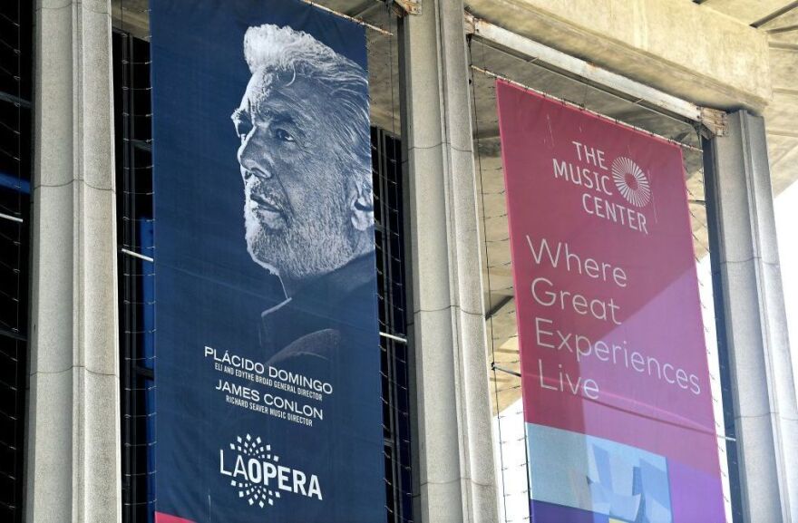 A banner advertising singer Plácido Domingo and the LA Opera on Aug. 13, 2019 — the same day that The Associated Press printed women's first public accusations against the singer.