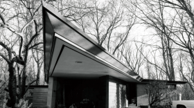 Black and white photo of Large angled roof on  home at 503 Evergreen Circle was part of Rush Creek villages application to the National Register of Historic Places.