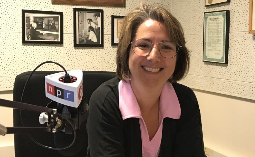Picture of a woman sitting at a microphone.