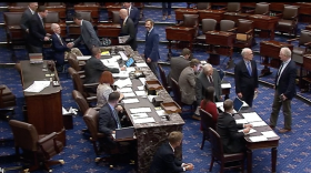 Sen. Mitch McConnell, wheeled out in a wheelchair, casts his first roll call vote since he was hospitalized after a fall in June.