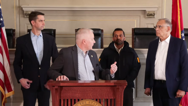 Arkansas Attorney General Tim Griffin turns to introduce FBI Director Kash Patel during a news conference on Saturday, January 31, 2026, at the state capitol building in Little Rock. (From L-R, Sen. Tom Cotton, Atty. Gen. Tim Griffin, Director Kash Patel, Sen. John Boozman)