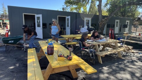 Picnic tables are shown on pavement under the shade of a large tree. A few people are seated at the tables. 