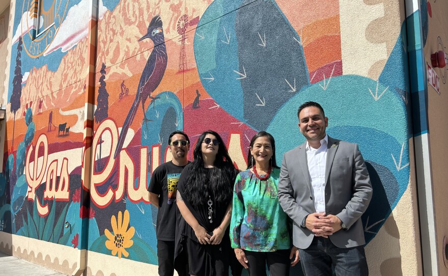 "Con Amor" mural artists Aaron Valenzuela and Anahy Nunez, with Secretary of the Interior Deb Haaland and Congressman Gabe Vasquez