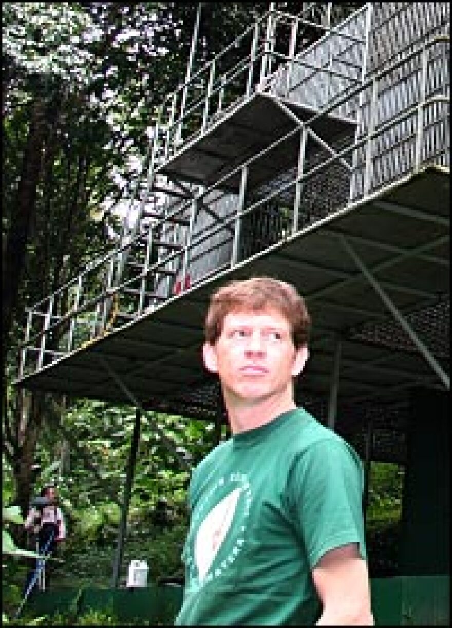 Ian Singleton, scientific director at the Orangutan Conservation Program, stands in front of a quarantine cage. After the animals are given physicals and vaccinated, they will be returned to the wild.