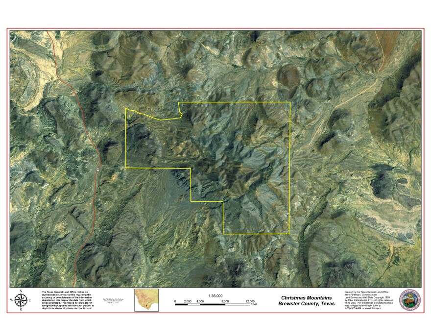 Control of the 9,269 acre Christmas Mountains (outlined in yellow) is expected to be turned over to the Texas State University System by the state's General Land Office